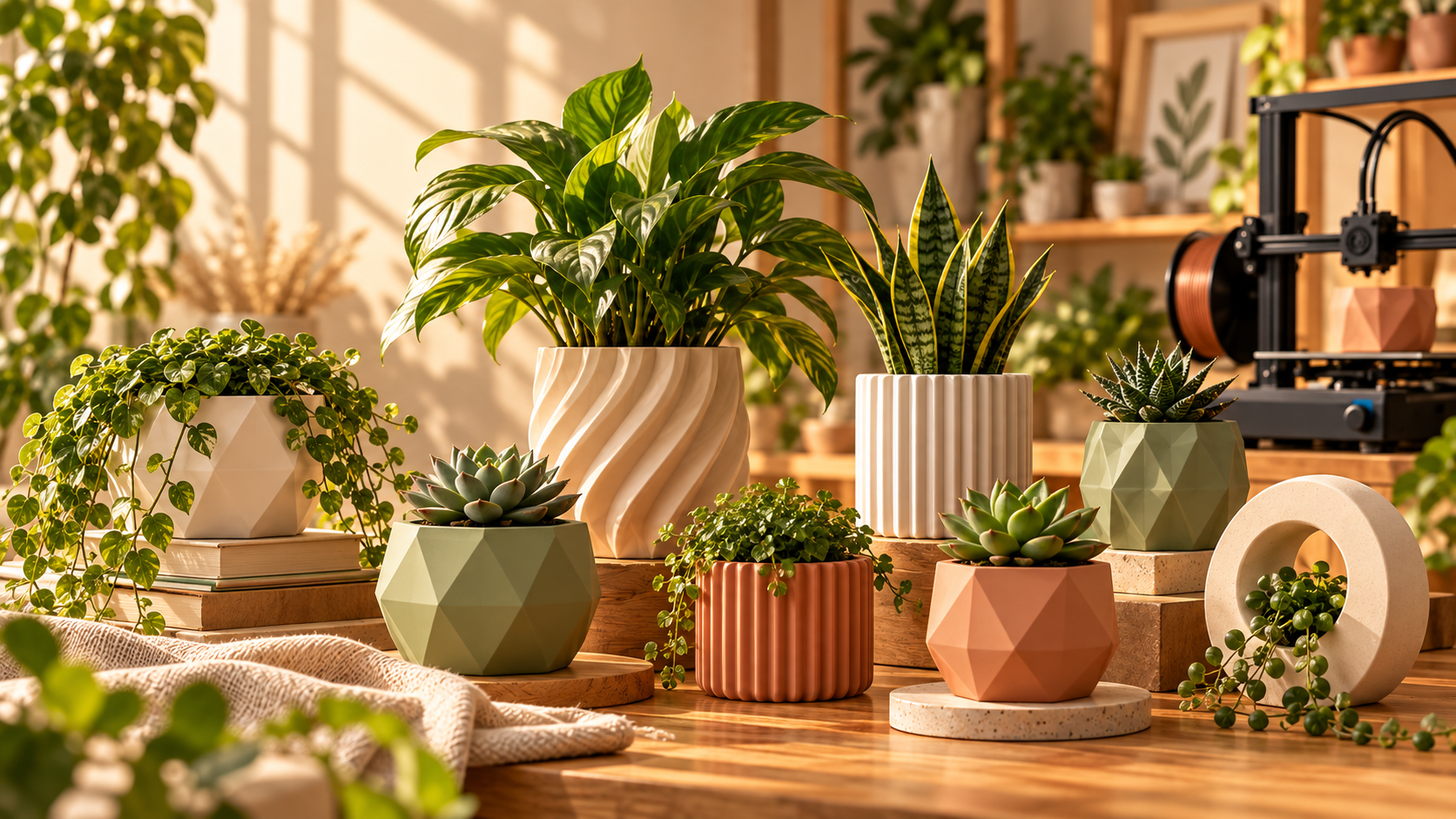 Colección de macetas 3D geométricas, acanaladas y orgánicas con plantas y suculentas