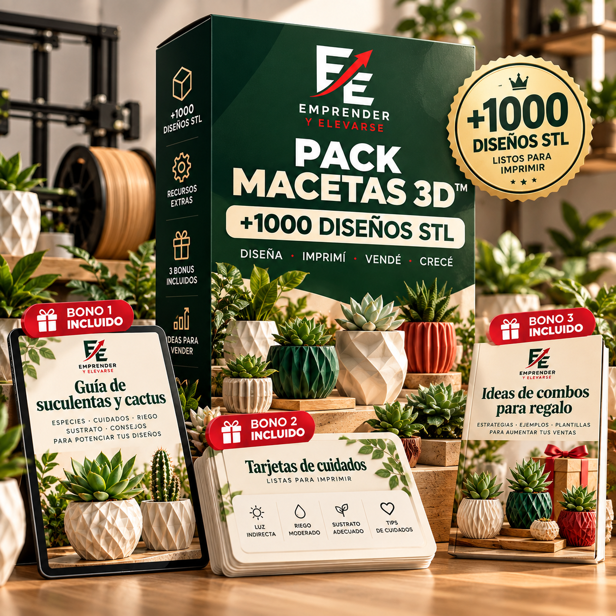 Mockup de PACK MACETAS 3D™ con los 3 bonos incluidos